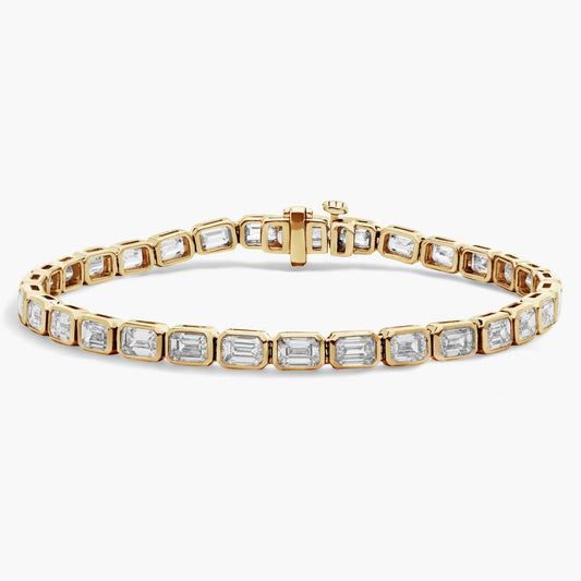 7 " Emerald Cut Lab Grown Diamond E/W Bezel Set Tennis Bracelet In 14K Yellow Gold (10 Ct. tw. - F-G / VS2-SI1)