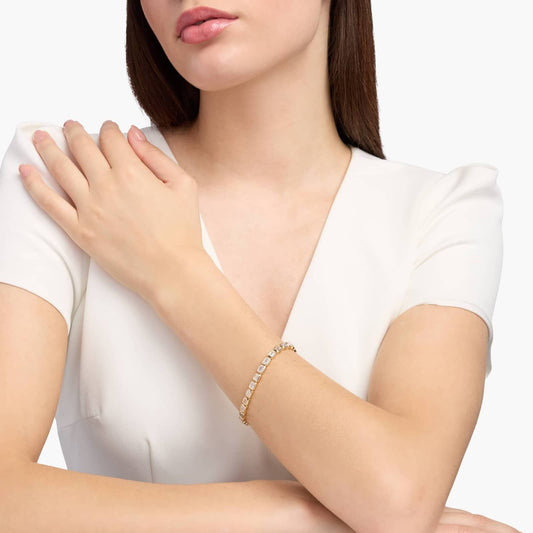 7 " Emerald Cut Lab Grown Diamond E/W Bezel Set Tennis Bracelet In 14K Yellow Gold (10 Ct. tw. - F-G / VS2-SI1)